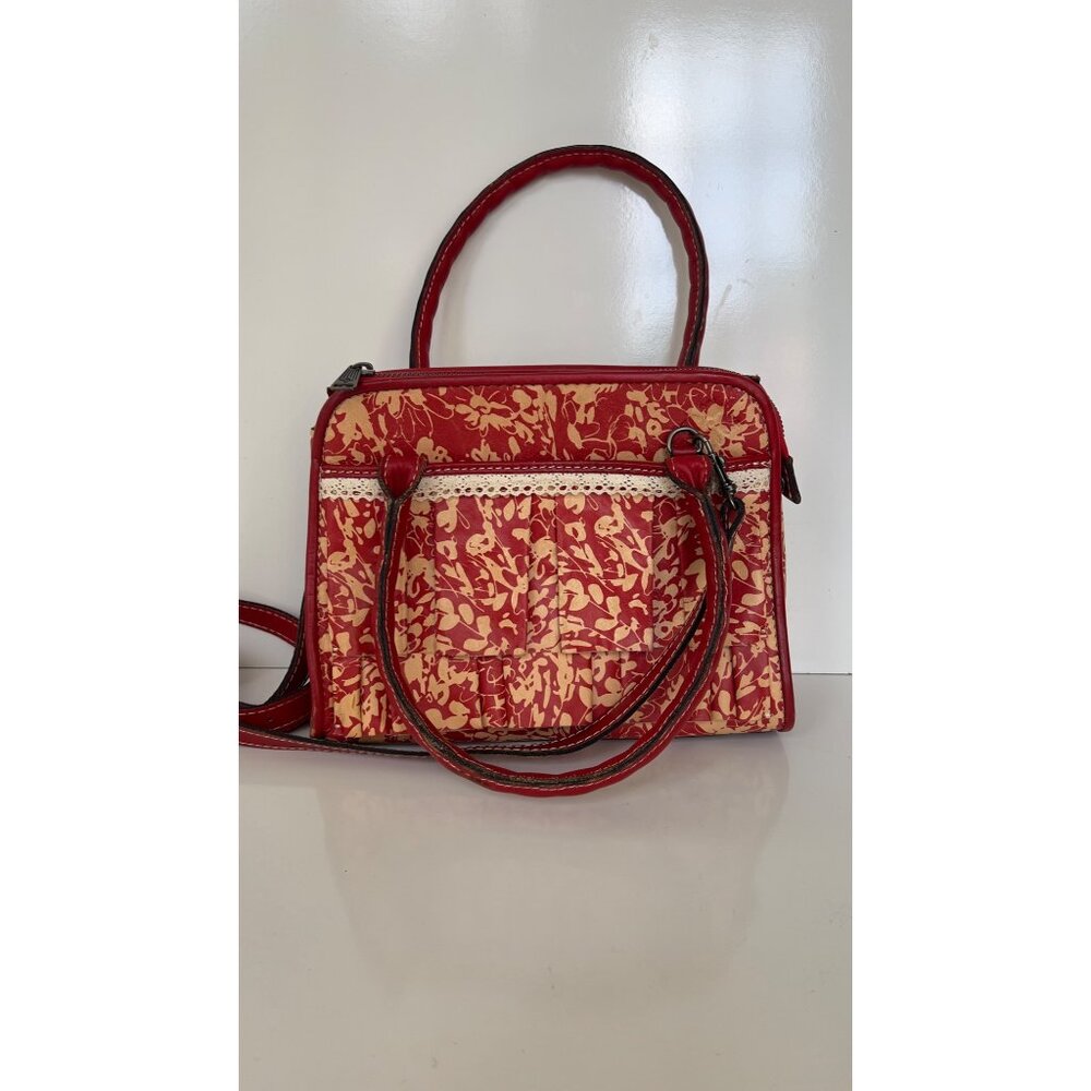 Patricia Nash Red & Beige Floral Handbag With Dual Handles & Zip Closure